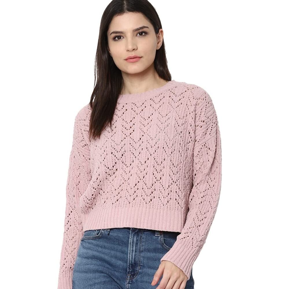 American Eagle Rose Pink Sweater Size Large Pointelle Crew Neck Lacy Twee Fairy